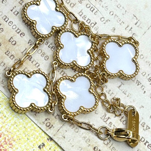 Jewelry - 18K Yellow Gold Plate Quatrefoil Clover Station Bracelet Mother of Pearl Finish